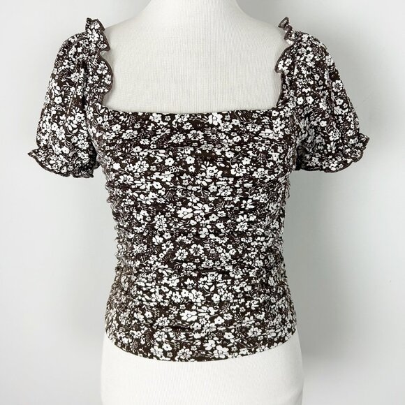 Y2K Moa Moa Floral Ruched Milkmaid Top Puff Sleeve Size Medium Women's - Picture 1 of 4